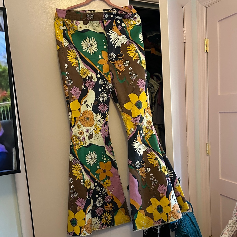 Free People Floral Patchwork Bootcut Pants in Brown, Yellow, Green, Pink